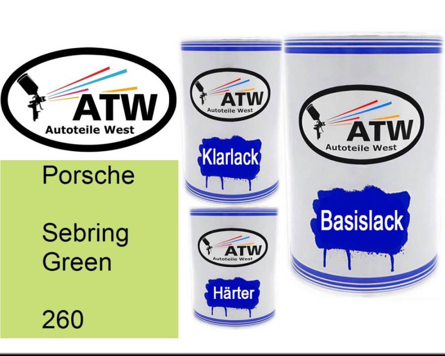 Porsche, Sebring Green, 260: 500ml Lackdose + 500ml Klarlack + 250ml Härter - Set, von ATW Autoteile West.
